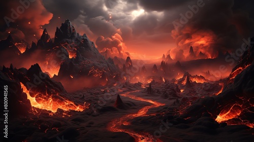 Dramatic 3D volcanic landscape with flowing lava and ash clouds designed for disaster simulations educational content or thrilling video game environments