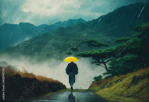 person walking in the mountains in heavy rain 🌧️☔