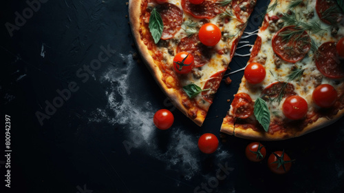 Classic Pizza with sliced tomatoes and cheesy, Pizza with a black background for the menu