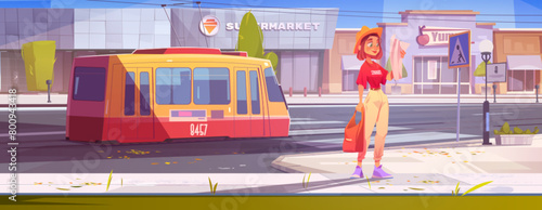 Woman travel in city with map and tram transport illustration. Girl character and public railway vehicle in downtown. Adventure plan for young tourist to explore town with tramway concept scene