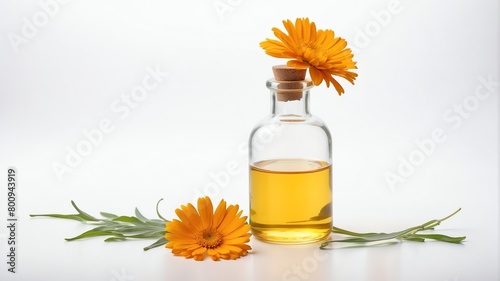 bottle of calendula oil on plain white background from Generative AI