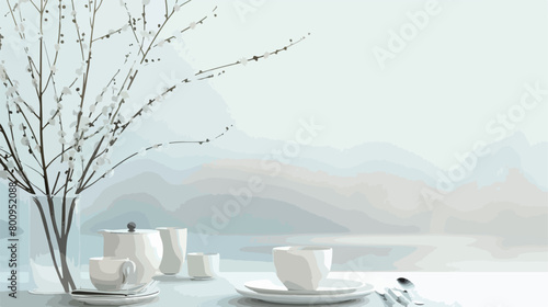Stylish table setting with pussy willow branches on l