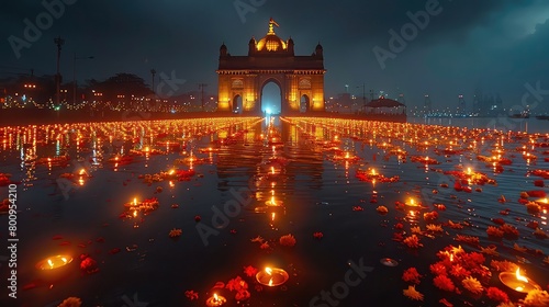 Gateway of Mumbai India, decorated with lamps for Diwali