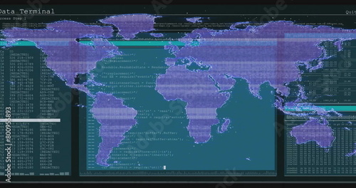 Image of financial data processing and world map over screen