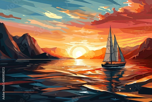 Generative AI illustration of a sailboat on rippling sea near rocky cliffs under a sunny sky, ideal for travel and adventure themes