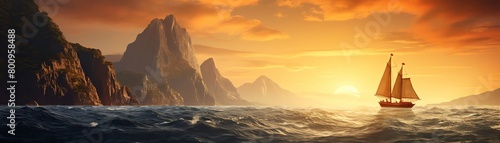 AIgenerated scenic depiction of a sailboat sailing the high seas near cliffs, aimed at capturing the adventurous spirit for cruise and travel ads