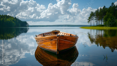 A wooden rowing boat floating on a calm lake, perfect for outdoor leisure and peaceful reflection.