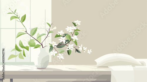 Vase with blooming jasmine flowers on bedside bench i