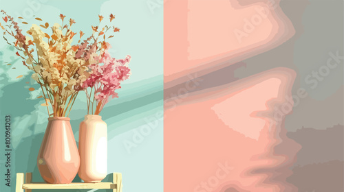 Vases with dried flowers on ladder near color wall Vector