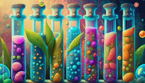 cartoon illustration colorful liquids in test tubes, colorful, healthy, science, chemistry, liquids, 