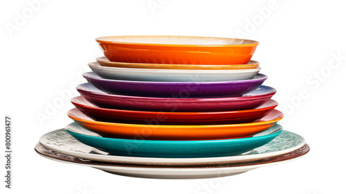 A vibrant, striking stack of colorful plates balanced on top of each other