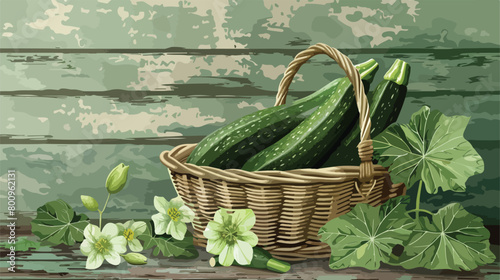 Wicker basket with fresh zucchini and flowers on color