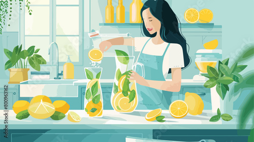 Woman making lemonade with basil on table in kitchen