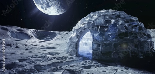 Futuristic igloo-like habitat on the moon's surface.
