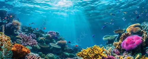 Beneath the surface, an underwater vista unveils vibrant coral reefs teeming with diverse marine life, offering a captivating glimpse into the rich biodiversity of tropical oceans
