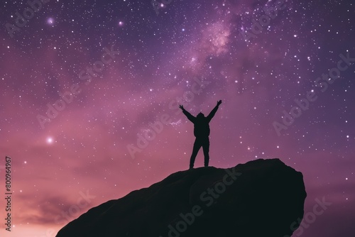 A silhouette of a person standing on a cliff edge, their arms raised in triumph as they conquer their fear and embrace the vastness, Generative AI