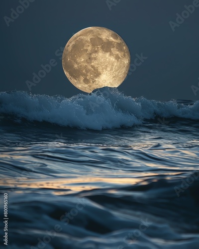 The closeup of a supermoon, viewed from a coastal vantage point, showcases the moon's reflection fragmented by the small, rippling sea waves