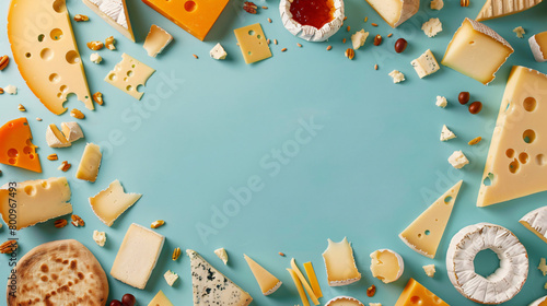 Frame made of assorted tasty cheese on color background