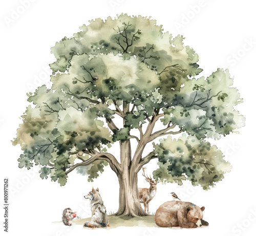Tree with forest animals in a gentle ambiance