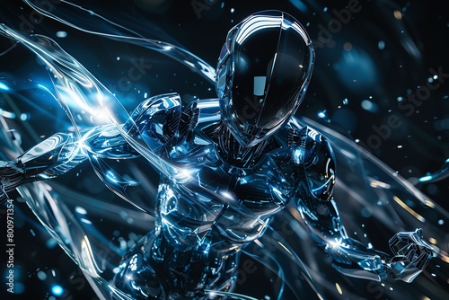 Capture the electrifying essence of Robotic Dance Fusion with futuristic technologies Show the fusion of sleek metallic limbs and fluid movements in a digitally enhanced, dynamic long shot