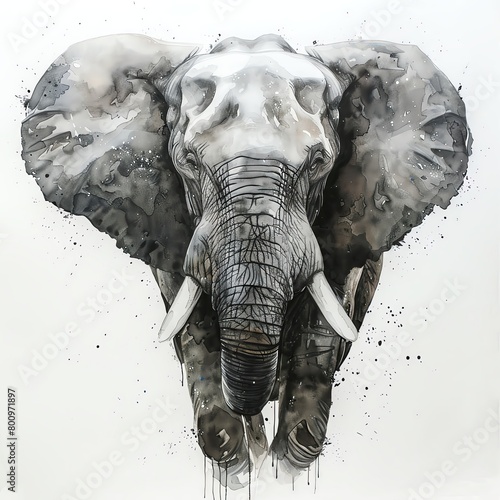 A watercolor painting of an elephant with black and white colors, the elephant is looking at the viewer with a serious expression, the background is white with black watercolor sta