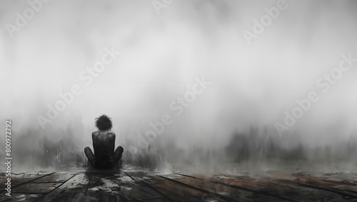 Minimalist graphite style: An individual hiding their face, knees drawn up, amidst a minimalistic setting that suggests introspection and solitude