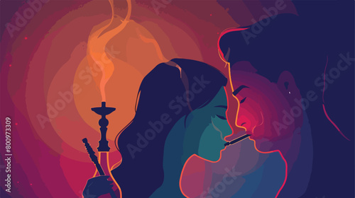 Young couple smoking hookah on dark background Vector