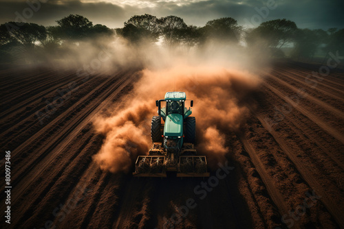 A lone tractor stirs up clouds of dust as it methodically ploughs furrows in a rural field at dusk