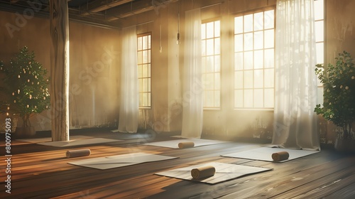 A yoga studio bathed in warm morning light, camera pans to capture slow movements of participants, their rhythmic breaths filling the space, soft meditation music drifting through the air, creating a