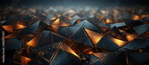 chaotic polygonal shape. Futuristic background with golden glowing elements.