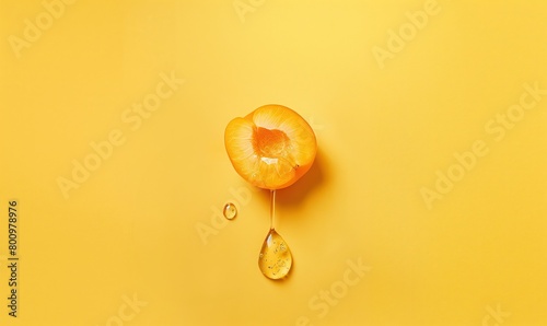 Water droplets dripping from half an apricot on a yellow background