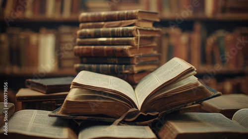 A stack of vintage books with an open book on top amidst a library setting, embodies the pursuit of knowledge and the appreciation of classic literature