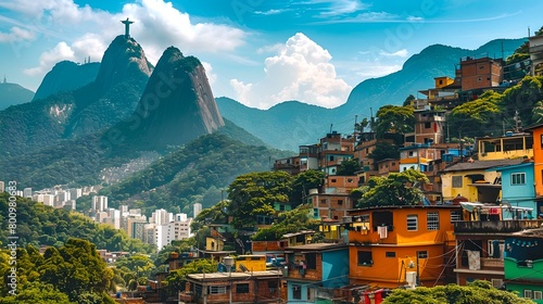 Vibrant Cityscape with Iconic Statue Overlooking a Bustling Favela. Urban Diversity and Landmarks in One Frame Show the Contrast of Life. Captivating Skyline for World Travelers. AI
