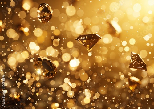 Luxurious Shimmering Diamonds Floating in Golden Bokeh Background