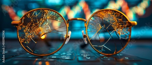 Golden eyeglasses with cracked lenses, reflecting a falling stock chart, Depicting the failure to foresee financial disaster , close-up