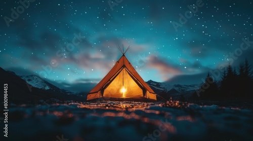 A glowing tent stands in a field under a night sky filled with countless stars, creating a picturesque scene of solitude
