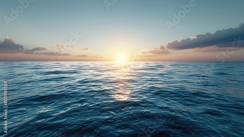 3D render of a calm ocean horizon at dawn, minimalistic and soothing