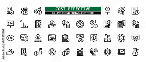 36 Cost Effective Line Icons Set Pack Editable Stroke Vector Illustration.