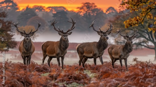 Group of three elegant deer trotting across a beautiful autumn field in the morning