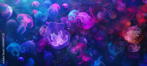 Vibrant Jellyfish Dance, Illuminating the Deep Blue