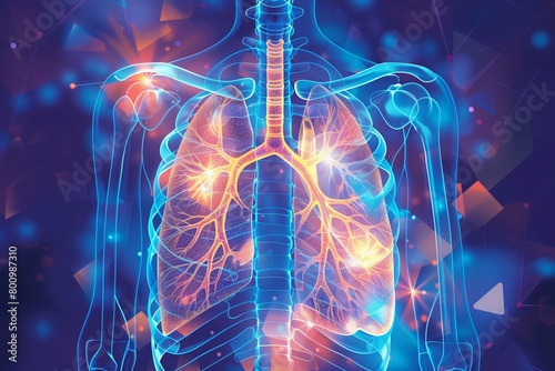 The image shows a pair of lungs with a glowing, blue-purple background