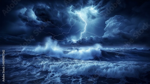 A night storm raging over the ocean, depicted with menacing giant waves and striking lightning illuminating the scene. The artwork captures the formidable power of nature, AI Generative