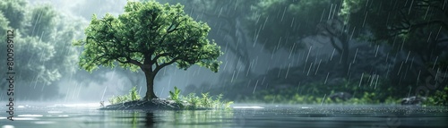 Lonely Tree, Bark, Symbolizing solitude amidst connectivity, Lush forest backdrop, Rainy, 3D Render, Silhouette Lighting, Vignette