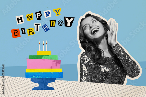 Trend artwork composite sketch collage of silhouette young attractive lady hello weave hand celebrate happy birthday banner party cake