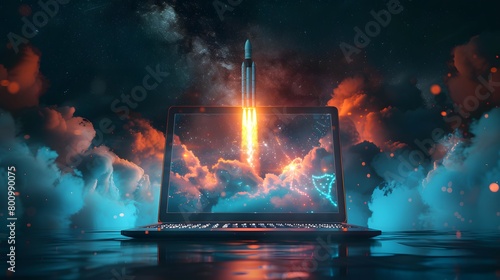An illustration of a laptop screen displaying a space rocket launch view, Launching Space Rocket From Laptop Screen. Generative AI