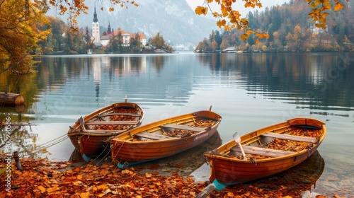 Amazing lake view, empty wooden boats on water, yellow trees and mountain in the background, Bled lake in Slovenia