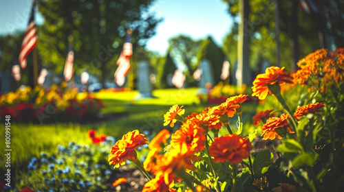 a flower garden with a cemetery in the background