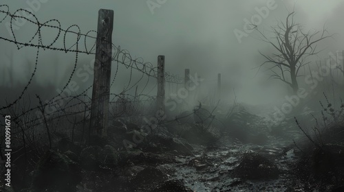 Concept Art of No Mans Land, portrayed as an ethereal, ghostly landscape with barbed wire and craters, using muted colors and fog effects for a haunting atmosphere