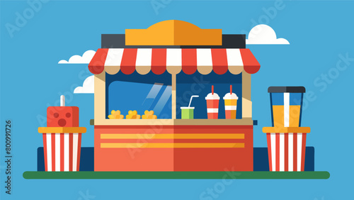 Snack Bar A makeshift snack bar offers classic movie concessions such as popcorn candy and drinks adding to the outdoor cinema experience.. Vector illustration