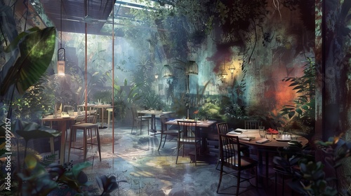 Surrealism of a chefs table experience at a farmtotable restaurant, featuring magical realism elements with lush, organic surroundings and a cooltoned, watercolor aesthetic